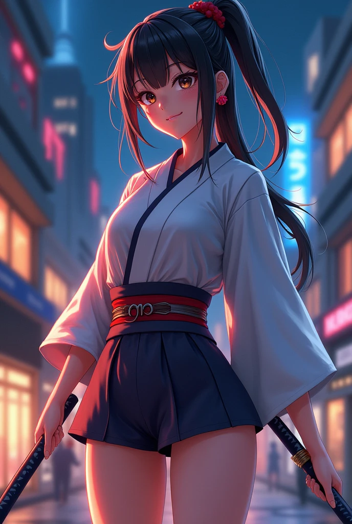 (masterpiece、top-quality、hight resolution、Unity 8k、extremely details CG:1,Best Picture), ((red ribbon, sit)),"A porn star standing outside, pointing towards a motel with a playful yet suggestive expression. She is dressed in casual yet revealing attire, emphasizing her confident and flirtatious demeanor. The background features the motel's neon sign, and the scene is set during the evening, with the star's posture and gesture inviting the viewer's attention towards the motel."
