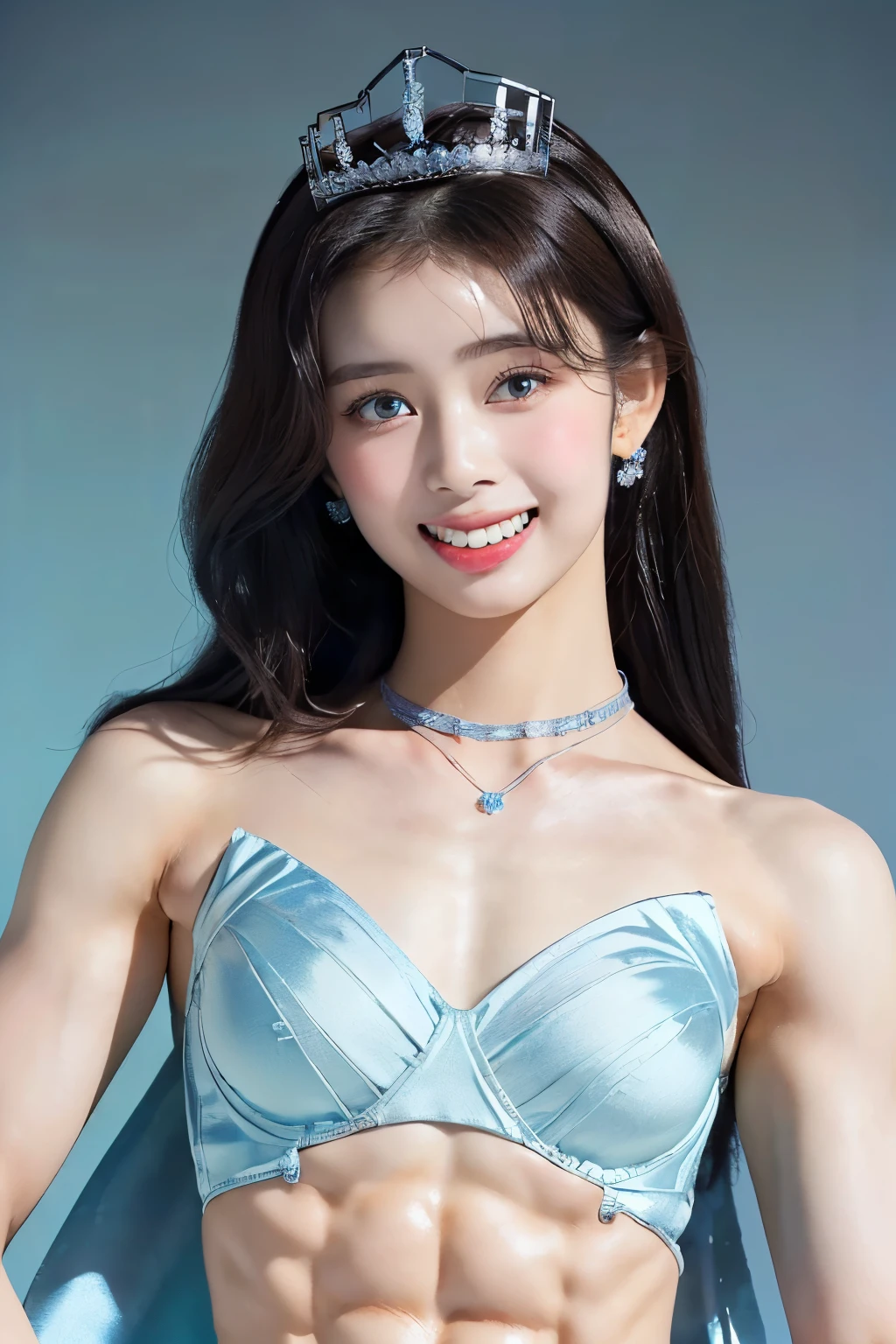 (masterpiece:1.4)),(best quality:1.4),(ultra-detailed:1.4),(unity 8k wallpaper:1.4)(( top quality )),(( realistic details from blow , table top in bed:1.0, high res:1.3, realistic :1.4,8k,  RAW photos :1.23)),(( 1 very thin 18-year-old Japanese beauty with very small breasts :1.2675)), beautiful symmetrical detailed black eyes :1.24, wearing luxurious earrings, necklace, and ring {x} simple and very beautiful gorgeous makeup:1.27,((smile:1.22, happy expression:1.36, beautiful teeth alignment at volcanoes:1.29,)),((Shiny Tiara:1.2,Shiny brown hair:1.4, arranged long hair :1.32,bangs:1.25)),(Thin, slightly thin, thin eyebrows:1.22),( shiny detailed fair skin :1.24,oily skin:1.3),(((A luxurious award ceremony :1.65)),(((セクシーポーズ:1.23,see here:1.23,  Super close-up of a face showing only the upper body:1.85))), movie lighting:1.2, spotlights from the front and bottom :1.2,(((super tight princess dress :1.24, shiny light blue satin fabric :1.45)),((tall, very slender body :1.74)),(((Fine abdominal muscles:1.55))),((( very small breasts with no bulge:1.85))),(Broad shoulders:1.32),,((顔がよく見えるCenter composition from the front:1.5)),( perfect beautiful face with simple and very beautiful gorgeous makeup :1.25),