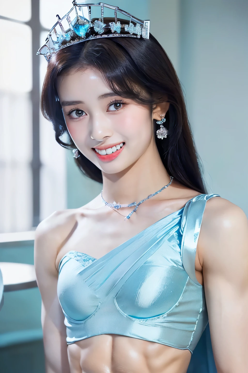 (masterpiece:1.4)),(best quality:1.4),(ultra-detailed:1.4),(unity 8k wallpaper:1.4)(( top quality )),(( realistic details from blow , table top in bed:1.0, high res:1.3, realistic :1.4,8k,  RAW photos :1.23)),(( 1 very thin 18-year-old Japanese beauty with very small breasts :1.2675)), beautiful symmetrical detailed black eyes :1.24, wearing luxurious earrings, necklace, and ring {x} simple and very beautiful gorgeous makeup:1.27,((smile:1.22, happy expression:1.36, beautiful teeth alignment at volcanoes:1.29,)),((Shiny Tiara:1.2,Shiny brown hair:1.4, arranged long hair :1.32,bangs:1.25)),(Thin, slightly thin, thin eyebrows:1.22),( shiny detailed fair skin :1.24,oily skin:1.3),(((A luxurious award ceremony :1.65)),(((セクシーポーズ:1.23,see here:1.23,  Super close-up of a face showing only the upper body:1.85))), movie lighting:1.2, spotlights from the front and bottom :1.2,(((super tight princess dress :1.24, shiny light blue satin fabric :1.45)),((tall, very slender body :1.74)),(((Fine abdominal muscles:1.55))),((( very small breasts with no bulge:1.85))),(Broad shoulders:1.32),,((顔がよく見えるCenter composition from the front:1.5)),( perfect beautiful face with simple and very beautiful gorgeous makeup :1.25),