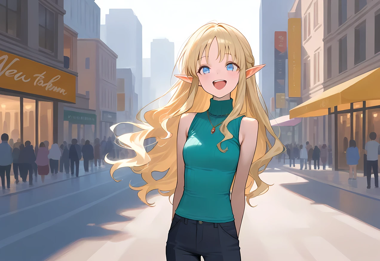 (Masterpiece,  best quality ),  beautiful women,  Detailed Sleeveless Turtleneck Top,   pants,  necklace,  wavy hair,  perfect face,  beautiful faces,  enchantment,  big beautiful eyes,  open your mouth,  happy ,   perfect slim fit body, ( outdoor), city streets, new york,  bright color,  elf woman in her 20s