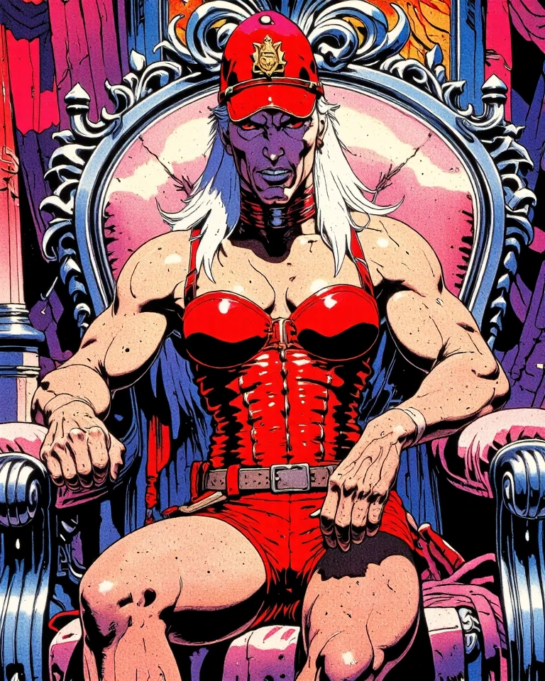 A vibrant, highly detailed, and dramatic painting. (80s Style), (Noise Effect:1.3), (VHS Grain Effect:1.2) Art style by Noriyoshi Ohrai, Art style by Moebius Jean Giraud, (masterpiece, 4k ,ultra detailed,raw photo:1.2),illustration,(symmetry:1.2),(art deco:1.4),(minimalism:1.4),(clean:1.4),(flat_color:1.4), k, HDR, highly detailed, ultra sharp
(Low angle shot:1.2), the image of vampire qrenn with ethereal beauty, shiny fair skin, (((white long straight hair))), sitting gracefully in an ornate, silver-trimmed chair. Her red eyes and faintly flushed cheeks give her an otherworldly and confident smile. She wears a red Gothic corset bodysuit, wear red police officer hat, evile smile, sharp fangs, highlighting her toned, athletic physique and muscular build. The setting is opulent, filled with soft, flowing translucent pink fabrics, sparkling crystal details, and soft lighting, creating a dreamy yet contrasting atmosphere. The character's expression conveys strength and sensuality, blending power with a subtle allure, while the overall scene feels like a frozen moment in a fantastical world. The emotions reflected are confident, soft, and captivating. Muscular and fit body, sexy pose, lying on a pink sofa.