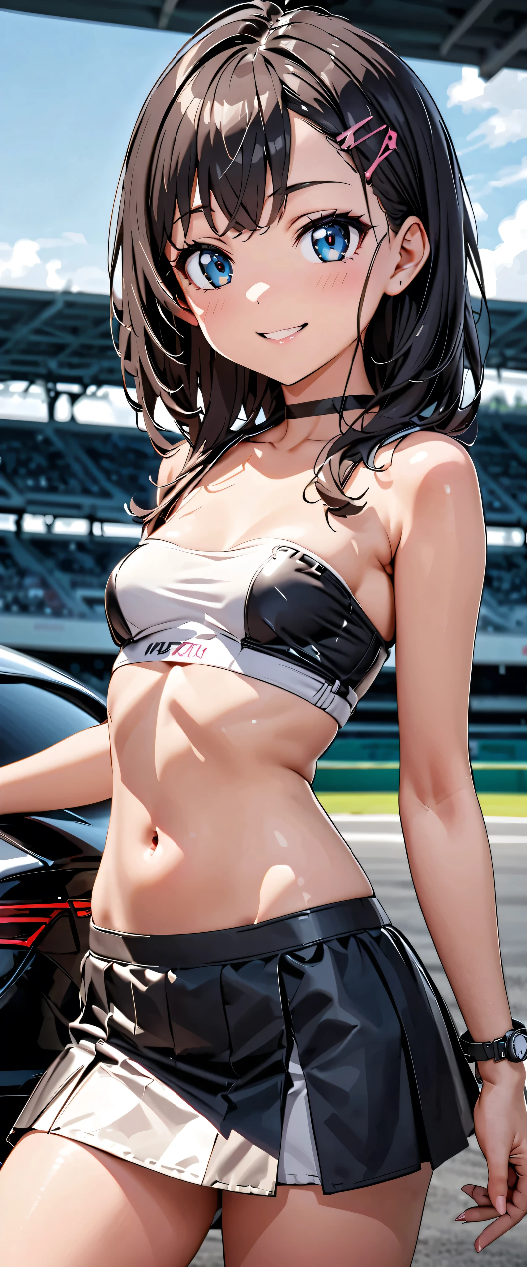  top quality,  ultra high definition,  One person,   little chest,  black chokers, smile,  exposes shoulders,  focus only ,  Watch Viewers ,Fair skin,Car racing track, photon mapping ,  physically-based rendering,  RAW photos ,  very detailed background, K-pop Idol , depth of field, hair ornament, detailed face , glowing skin, game cg,whole body,  flashy micro tight mini skirt,flashy micro tube top , race queen, sexy pose,holding a flag