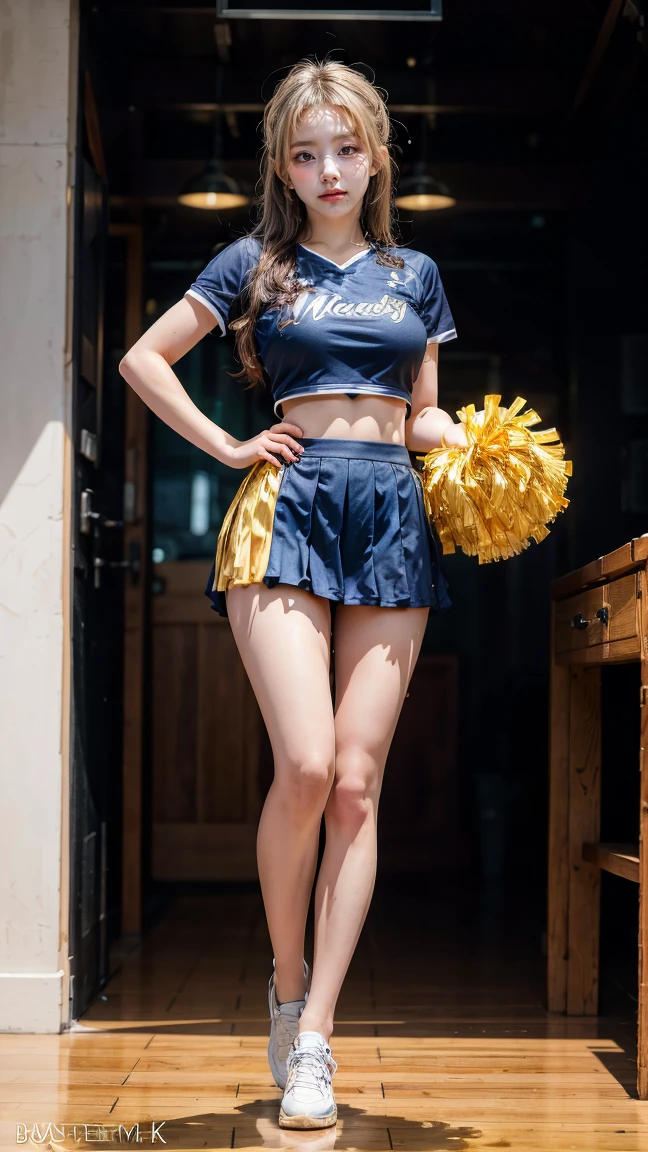 A beautiful young Japanese woman, 20 years old, with perfect anatomy, healthy thighs, beautiful feet, flawless skin, random hair color and style, large bust, (she is standing:1.2), wearing a cheerleader uniform with micro-pleated miniskirt, in a full body shot, standing in a stadium, (best quality,4k,8k, highres, masterpiece:1.3), (extremely detailed:1.2)