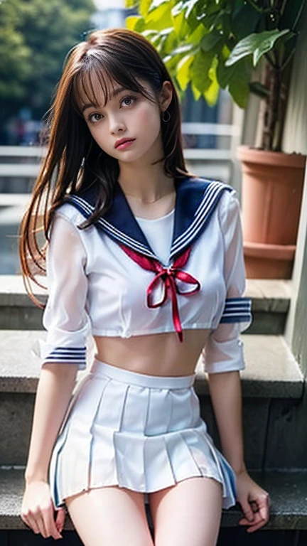 (Highest quality:1.4), (super high quality), (Very detailed), 1 beautiful girl,Browsing Caution,nude,nude, very cute,cute face,large droppy eyes, Not realizing this, (thin silk no-sleeve see-through sailor school uniform:1.7,crop:1.5),red scarf,(white pleated micro short mini skirt:1.8), (Beautiful and large breasts:1.3), (Slender body:1.1), (Very small waist), belly button, Realistic skin texture, bangs:1.3, Bright and shiny lips, A beautiful goddess descends, Beautiful background, Golden Ratio, Conceptual Art, Very detailed, Accurate, Advanced Details, Outdoor, Sexy Art, Enveloped in the summer sun, Bright light, Ultra-detailed illustration details, 8k wallpapers combining high definition CG, RAW Photos, Professional photos, Cinema Lighting, Written boundary depth, (Uniform and no bra:1.2), (The shape of her nipples is visible through her uniform:1.2), (Nipple protrusions lift up the uniform), (Her big breasts spread in her uniform:1.2),Cropped top with fluttering hem:1.3, Underbust:1.3, (High heels on bare feet),spread legs