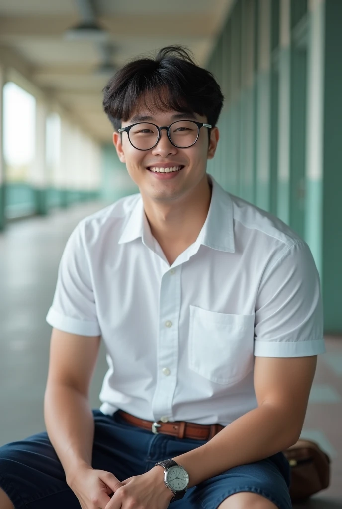 (Maste Piece), Best Quality, ultra-high-resolution, Approaching perfection, 4K resolution, 8K resolution, Highly detailed, Fine detail, full of color, and intricate detailing,High quality, 1man, Solo, (japanes Middle-aged male), Wearing glasses, 40yo, slim figure, navy gingham check short sleeve shirt, jeans, Hair parted in the middle, Black hair mixed with gray hair, Messy hair, Poor posture, Sitting on a park bench, (Detailed face),holds a smart phone in one hand, Smile