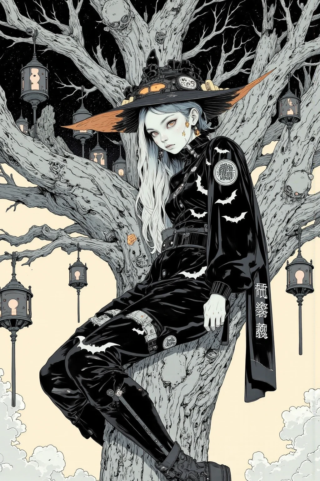  There is a picture of a neutral person wearing a bat hat,  the person is sitting on a tall tree,Clothes are fashion with the theme of bats and skulls, and the colors are black and white,I The lanterns hanging from the tree illuminate the area,llustration by Momoko Shinoda , surrealism, style of hajime Empty Mountain,  graphic details , Empty Mountain. occult art , hajime Empty Mountain designed girl, shohei otomo,  very very unrealistic , Virgil Finlay's style , asymmetric! Cyborg Portrait , gothic horror occult art  