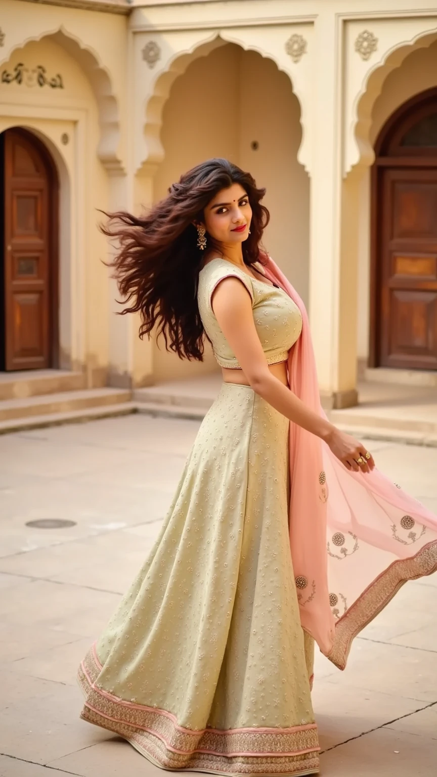 A realistic photo of a woman wearing a heavily embroidered pastel lehenga, twirling gracefully in a traditional haveli courtyard. Her dense hair flows freely in the air, and the intricate detailing of the lehenga's fabric is highlighted under soft, diffused sunlight. The carved wooden doors and jharokhas in the background add an authentic Indian charm.