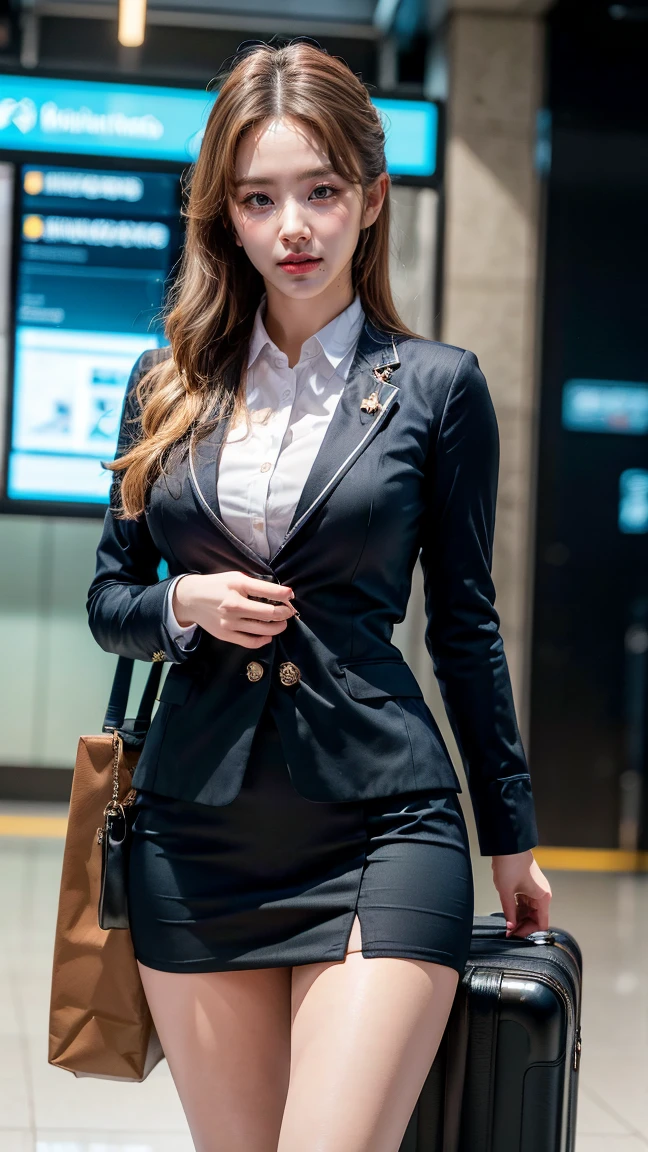 A beautiful, 24-year-old Japanese woman with perfect anatomy, healthy thighs, beautiful legs, beautiful skin, random hair color and style, large breasts, (wearing a flight attendant uniform with a mini-skirt:1.3), (she is standing:1.2), full body shot, pumps, carrying a suitcase, at the airport, (best quality,4k,8k,highres,masterpiece:1.3),(extremely detailed:1.2),realistic,photorealistic,photo-realistic:1.37,professional,vivid colors, studio lighting