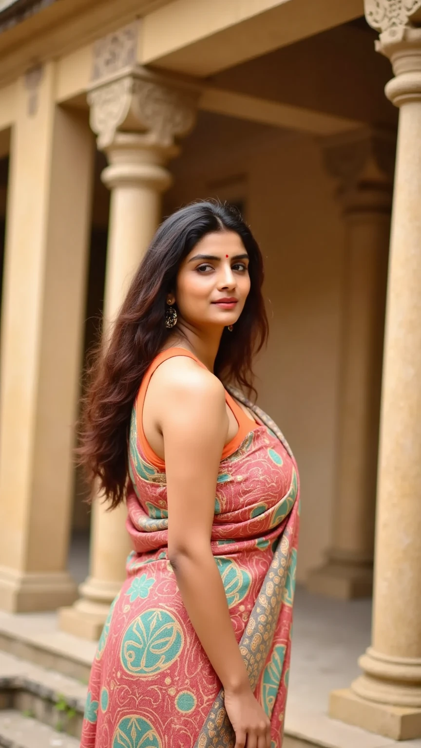 A realistic photo of a woman in a flowing Anarkali dress with vibrant, hand-painted Kalamkari patterns, standing in a serene temple courtyard. Her dense hair cascades over her shoulders as she looks up at the intricately carved stone pillars. The warm light enhances the texture of the fabric and her calm, contemplative expression.