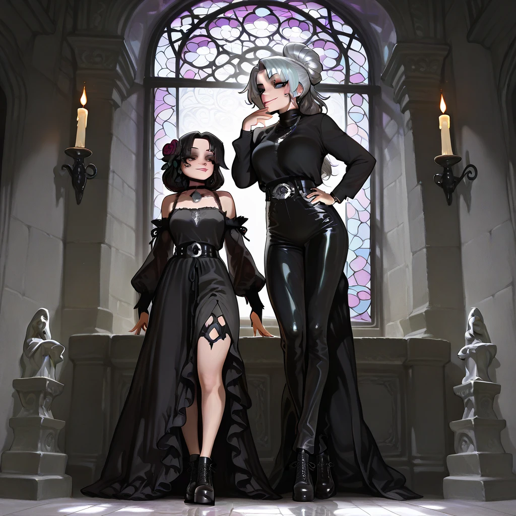 A 22-year-old Brazilian gothic woman, with an impressive 2 meters in height, portrayed in an ultra realistic in 4K , with the utmost attention to detail and without errors . Her imposing presence combines elegance and mystery . your skin is fair, almost pale , with an impeccable and uniform tone that enhances her gothic aesthetic .
Her black eyes are deep and captivating , with detailed makeup that includes smoky shadows in shades of black and gray , a sharp eyeliner and voluminous lashes that highlight her enigmatic look . Your hair, inspired by the Gothic style of Mikasa Ackerman , is short at chin height , smooth and with slightly frayed tips , creating a modern and dark look . The long fringe partially covers the side of her face , adding even more mystery her charm .
She wears a tight black shirt , with silver metallic buttons and a slightly raised collar , that matches perfectly with her high-waisted black tailoring pants , modeling her long legs . A belt with a detailed metallic buckle and black platform boots complete the look, reinforcing her sophisticated Gothic aesthetic . As accessories , she wears a silver necklace with a cross pendant , a minimalist leather bracelet and fine silver rings .
The setting is a Gothic library in 4K , with dark wooden shelves filled with old books and decorated with dark details , like candles in iron candle holders , small statues and climbing plants . The light Gently enter through large stained glass windows with drawings abstract , illuminating Raven dramatically . She is standing, holding an old book bound in leather with silver engravings , and his expression is serene , with a faint smile at the corner of her lips that mixes sweetness and mystery .