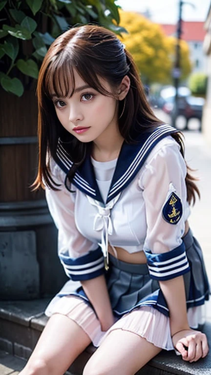 (Highest quality:1.4), (super high quality), (Very detailed), 1 beautiful girl,Browsing Caution,nude,nude, very cute,cute face,large droppy eyes, Not realizing this, (((non sleeve see-through sailor school uniform:1.7,crop:1.5))),red scarf,(white pleated micro short mini skirt:1.8), (Beautiful and large breasts:1.3), (Slender body:1.1), (Very small waist), belly button, Realistic skin texture, bangs:1.3, Bright and shiny lips, A beautiful goddess descends, Beautiful background, Golden Ratio, Conceptual Art, Very detailed, Accurate, Advanced Details, Outdoor, Sexy Art, Enveloped in the summer sun, Bright light, Ultra-detailed illustration details, 8k wallpapers combining high definition CG, RAW Photos, Professional photos, Cinema Lighting, Written boundary depth, (Uniform and no bra:1.2), (The shape of her nipples is visible through her uniform:1.2), (Nipple protrusions lift up the uniform), (Her big breasts spread in her uniform:1.2),Cropped top with fluttering hem:1.3, Underbust:1.3, (High heels on bare feet),spread legs