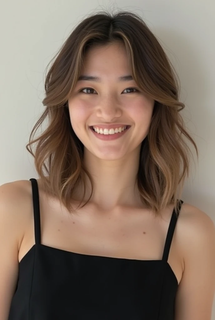 “A young woman with shoulder-length light brown hair styled in soft natural curls and delicate bangs. She has a warm, gentle smile with a natural and approachable expression. Her eyebrows are thin and subtle, and her eyes are proportionate, creating a harmonious and balanced look. She is wearing a simple and elegant black dress, and the background is a plain indoor wall with a clean and bright atmosphere.”