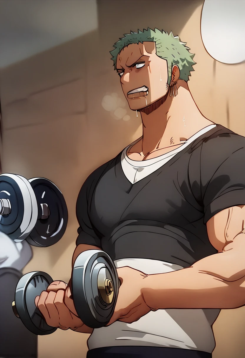 Roronoa Zoro standing in a gym, wearing a jockstrap lifting dumbbells, muscular, muscles, broad shoulder, massive pecs, sweaty, blank eyes, hypnotized, brainwashed, focused, High Resolution, drooling