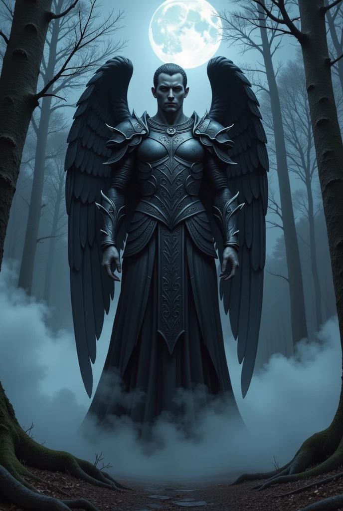 creates an image of a dark angel with imposing wings and exposed anatomical details, standing in a majestic posture on an ancient marble floor. The stage is lit by dim light filtering through broken stained glass windows in a ruined cathedral.. The overall tone conveys a mix of dark power and ancient mystery.. The angel wings are large and detailed, with almost realistic feathers. The angel is standing with both arms extended to the sides., as if invoking a dark heavenly power. The dim light emits a soft glow that slightly illuminates the angel's head.. The color palette consists of dark and muted tones., predominantly black and dark blue. The wings are pearly black., contrasting with the dark background. The angel's skin is a grayish tone, almost translucent, standing out in the gloomy surroundings. The floor is a black and white marble pattern, and the lighting is soft and diffuse, creating deep shadows and a mysterious atmosphere. The background is dark and hazy, adding an air of introspection and mystery to the scene, recalling the intense and supernatural atmosphere of 'Constantine'.