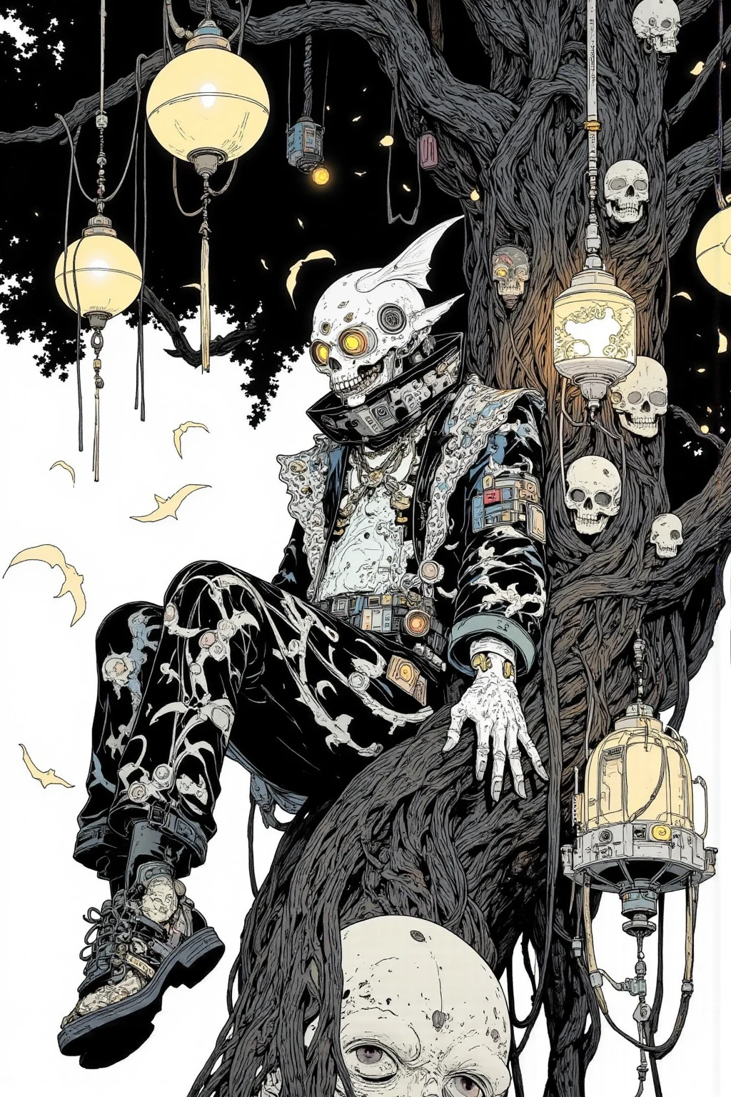  There is a picture of a crazy man wearing a bat hat,  the person is sitting on a tall tree,Clothes are fashion with the theme of bats and skulls, and the colors are black and white,I The lanterns hanging from the tree illuminate the area,llustration by Momoko Shinoda , surrealism, style of hajime Empty Mountain,  graphic details , Empty Mountain. occult art , hajime Empty Mountain designed girl, shohei otomo,  very very unrealistic , Virgil Finlay's style , asymmetric! Cyborg Portrait , gothic horror occult art  