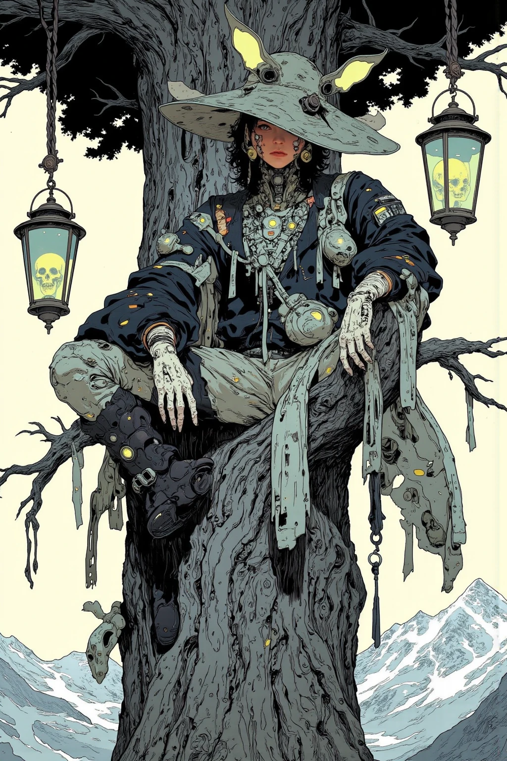  There is a picture of a crazy man wearing a bat hat,  the person is sitting on a tall tree,Clothes are fashion with the theme of bats and skulls, and the colors are black and white,I The lanterns hanging from the tree illuminate the area,llustration by Momoko Shinoda , surrealism, style of hajime Empty Mountain,  graphic details , Empty Mountain. occult art , hajime Empty Mountain designed girl, shohei otomo,  very very unrealistic , Virgil Finlay's style , asymmetric! Cyborg Portrait , gothic horror occult art  