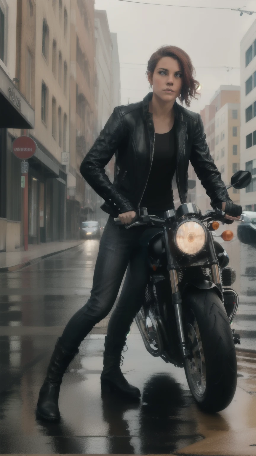 Jessis _soul3142, one,  1girl,  rides a motorcycle,  leather jacket, jeans, socks, boots, background street rain