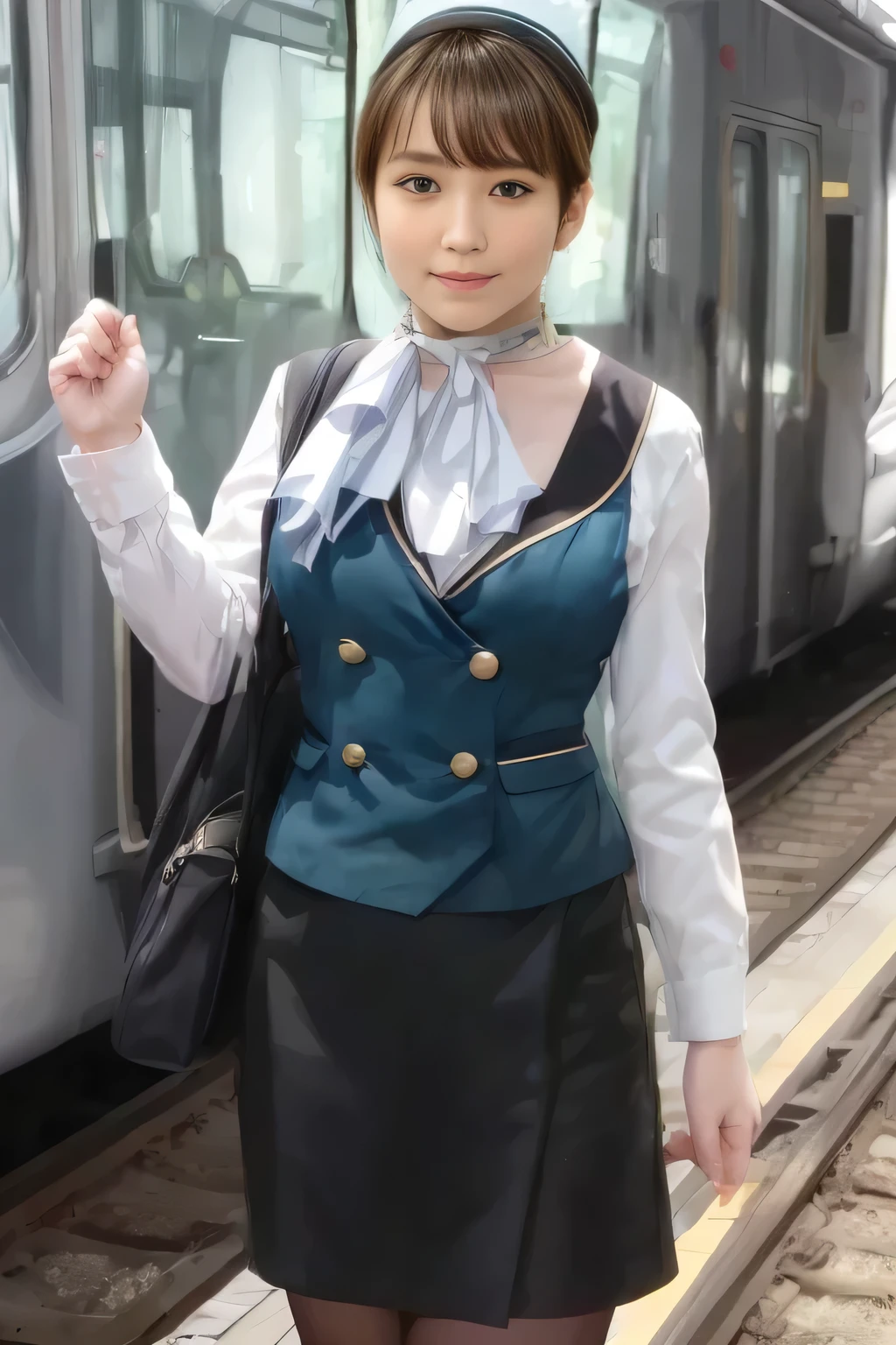 (Masterpiece:1.2,  best quality :1.2), 32kHDR,  kampala, (Alone、  1 girl)、（what 、  professional lights ）、In-flight background、（Nankai Train crew uniformを着たリアルなスタイル）、（（ Nankai Train Crew Uniform Green Vest ））、（（ Nankai Train Crew Uniform Collarless White Long Sleeve Blouse ）） 、（（ Nankai Train Crew Uniform Black Curled Culotte Skirt 、 scarf wrapped around neck ））、  dark brown hair  、（  long hair、 hair gathered、 hair gathered）、  dark brown hair  、  long hit  、Big Breasted 、Thin legs、（（ Amazing hands ：2.0）），（（ harmonious body proportions ：1.5）），（（Normal limbs：2.0）），（（Usually ：2.0）），（（  Delicate Eyes ：2.0）），（（Normal eyes：2.0））)、smile、（Nankai Train crew uniformを着た美しい姿）、Hands crossed underneath 、 and I'm not wearing a hat