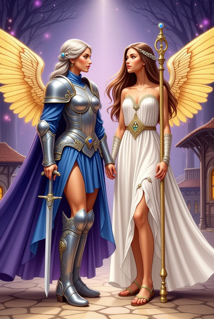  Realistic watercolor illustration .  Two beautiful women ,  Nemesis ,  in front of , looking at each other with serious and decisive expressions.  although they are rivals ,  they work together to save the town .  The first woman is a warrior with long platinum gray hair tied in a braid,  blue gray eyes and brown skin .  She wears light blue silver armor on a dress , battle boots,  and she holds a sword in her hand .  He wears a silver tiara with a sapphire in the center .  The second woman is an angel with long brown hair ,  golden eyes and brown skin .  She wears a white dress with gold details ,  golden sandals and she holds a golden staff .  Her golden wings spread on the sides .  The background shows a medieval town shrouded in gloom ,  with ocher roofed houses and a dark haze .  The color palette is violet , gold and dark , creating a mystical and epic atmosphere . Vertical format 9 :16,  the two figures look like full body and occupy the center of the scene.