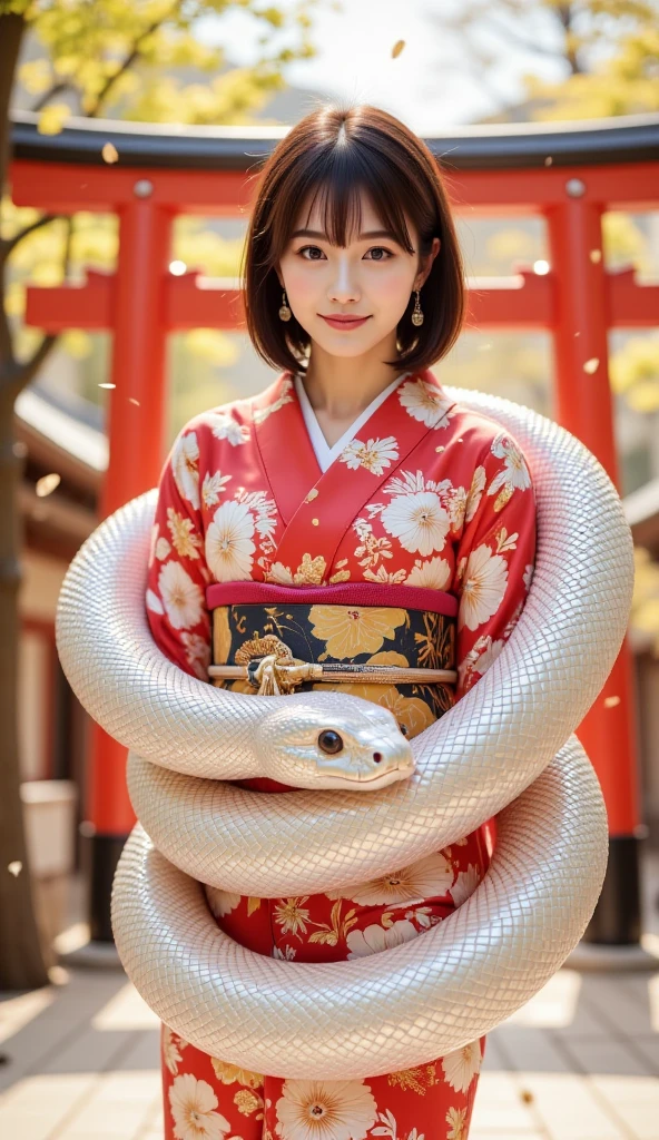   A beautiful 18-year-old Japanese girl wearing a red kimono and smiling in an elegant pose at the shrine、Red Torii Gate、A large white snake wrapped around a torii gate、Golden confetti falls 、 gorgeous and sacred atmosphere 、strong sunlight shining in、 super photorealistic 