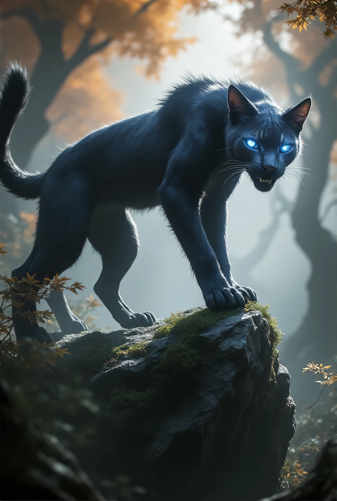 large puma-like animal, raven black fur, pointed ears, maw slightly opened, faint vine-like markings, blue glowing eyes, lean muscular build, stands on a rock inside an autumn themed forest, Art Style: Hyper-detailed and gritty realism, capturing the intensity of the textures and of the environment. Mood: warm, autumn colors