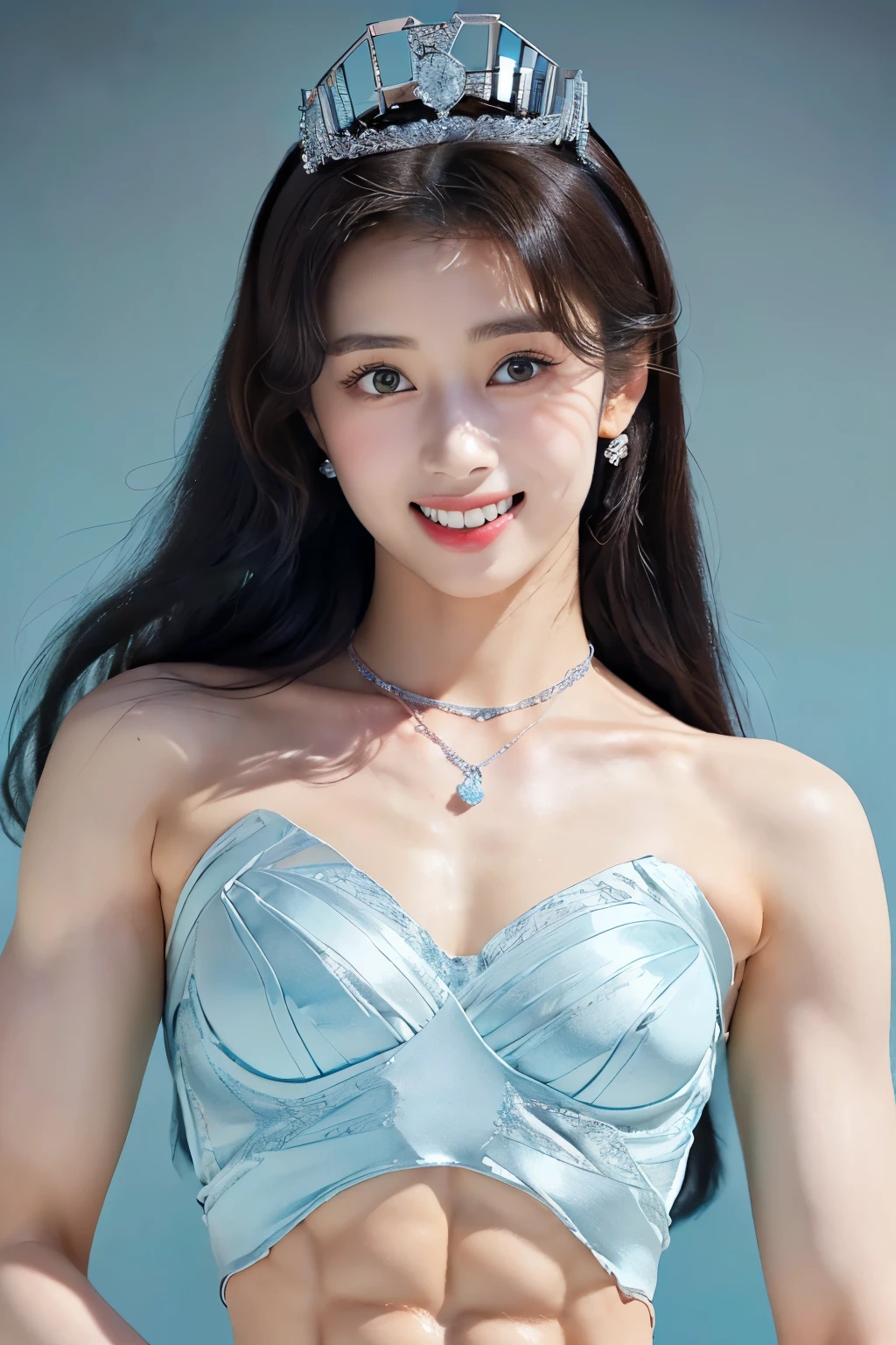 (masterpiece:1.4)),(best quality:1.4),(ultra-detailed:1.4),(unity 8k wallpaper:1.4)(( top quality )),(( realistic details from blow , table top in bed:1.0, high res:1.3, realistic :1.4,8k,  RAW photos :1.23)),(( 1 very thin 18-year-old Japanese beauty with very small breasts :1.2675)), beautiful symmetrical detailed black eyes :1.24, wearing luxurious earrings, necklace, and ring {x} simple and very beautiful gorgeous makeup:1.27,((smile:1.22, happy expression:1.36, beautiful teeth alignment at volcanoes:1.29,)),((Shiny Tiara:1.2,Shiny brown hair:1.4, arranged long hair :1.32,bangs:1.25)),(Thin, slightly thin, thin eyebrows:1.22),( shiny detailed fair skin :1.24,oily skin:1.3),(((A luxurious award ceremony :1.65)),(((セクシーポーズ:1.23,see here:1.23,  Super close-up of a face showing only the upper body:1.85))), movie lighting:1.2, spotlights from the front and bottom :1.2,(((super tight princess dress :1.24, shiny light blue satin fabric :1.45)),((tall, very slender body :1.74)),(((Fine abdominal muscles:1.55))),((( very small breasts with no bulge:1.85))),(Broad shoulders:1.32),,((顔がよく見えるCenter composition from the front:1.5)),( perfect beautiful face with simple and very beautiful gorgeous makeup :1.25),