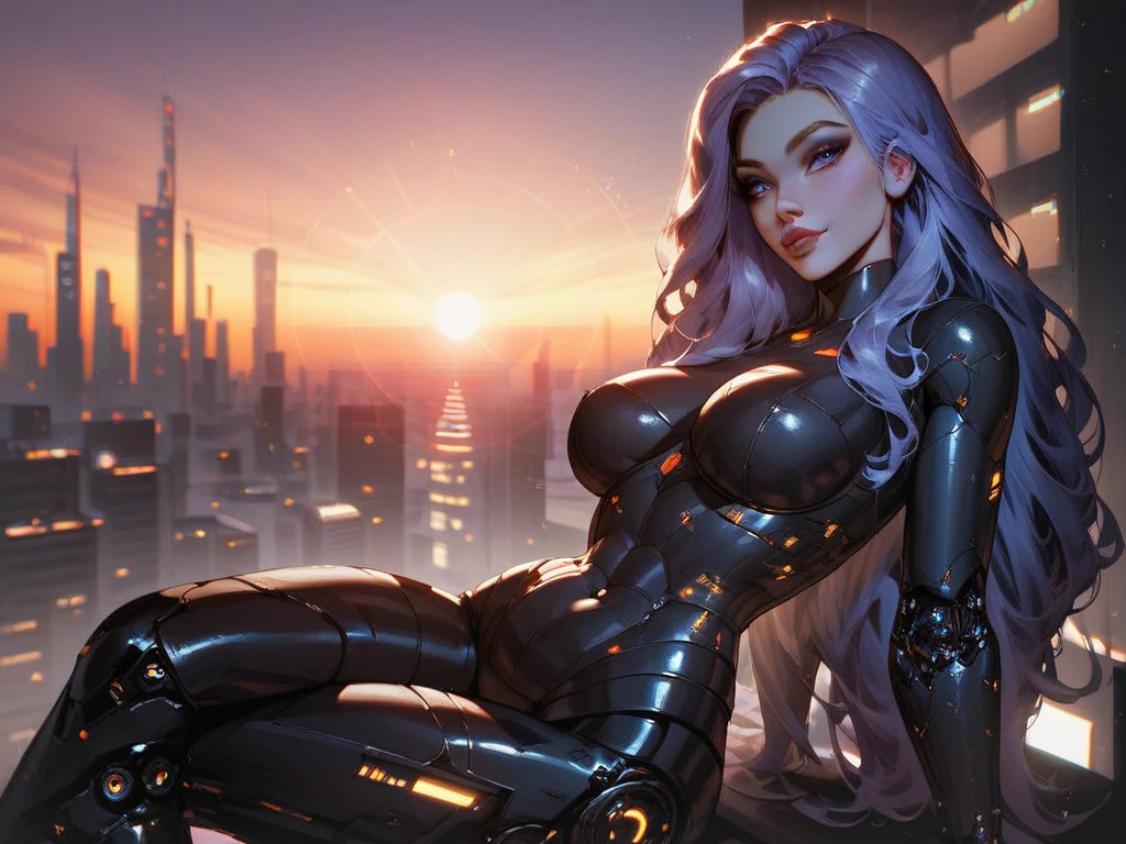 score_9, score_8_up, score_7_up, western comics , full frame,  ANDROID GIRL, glossy black, Cute,  seductive , innocent,  easy smile:0.3, plump lips,  slim body , mechanical hands,  Gloomy mood , dystopia, luminous,  looking at the viewer , sitting,  long hair, moonlight with bokeh effect, hair through , sunrise, , dystopian futuristic city background,  depth of field ,  dynamic angle ,  Fashion photography , spicy,  hyperdetailed:1.15