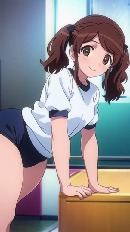  a girl, Alone, dark brown hair, twintails, smile, buruma, bloomers (old japanese gym uniform)