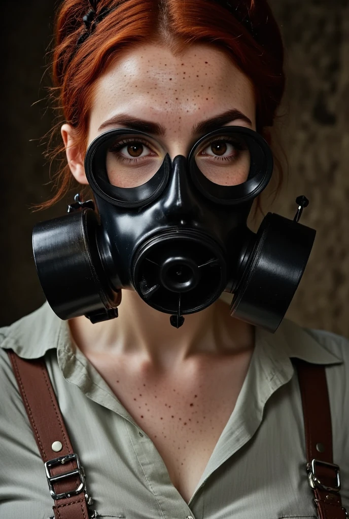 photorealistic shot featuring a beautiful british woman wearing a gas mask covering her face and eyes. 1940s style Shirt dress. reddish-brown hair, hair gathered up. light skin and freckles, brown eyes, downturned eye shape, high cheekbones. She's looking at the camera. Underground bunker. HDR, intricate details, masterwork. S10_Gas_Mask