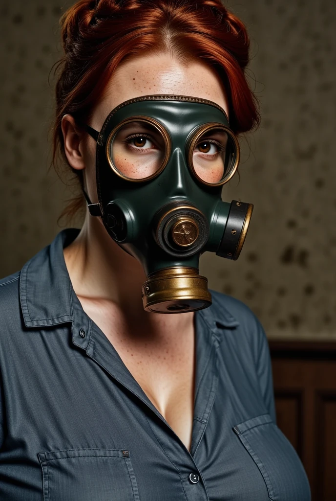 photorealistic shot featuring a beautiful british woman wearing a gas mask covering her face and eyes. 1940s style Shirt dress. reddish-brown hair, hair gathered up. light skin and freckles, She's looking at the camera. Underground bunker. HDR, intricate details, masterwork. S10_Gas_Mask