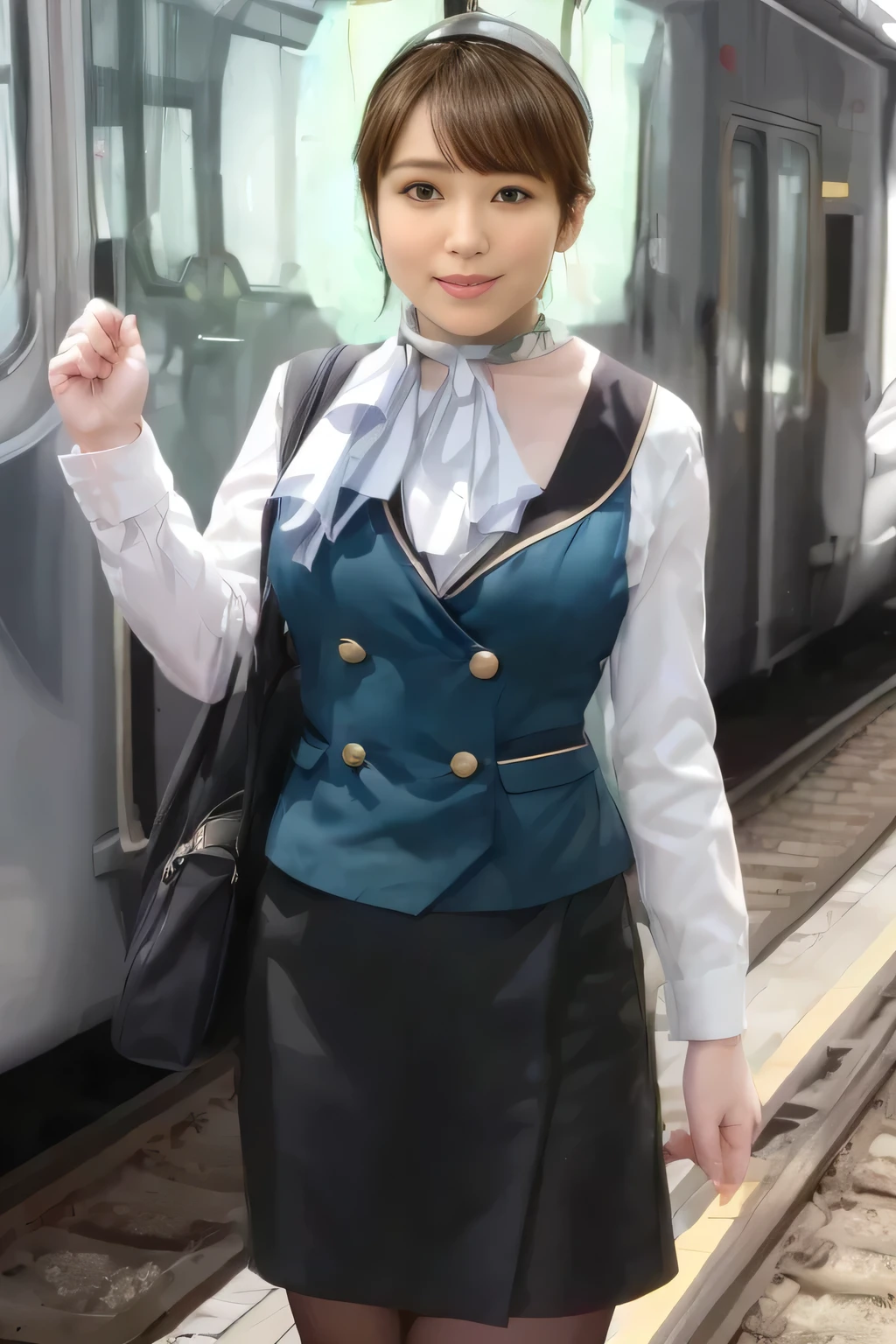 (Masterpiece:1.2,  best quality :1.2), 32kHDR,  kampala, (Alone、  1 girl)、（what 、  professional lights ）、In-flight background、（Nankai Train crew uniformを着たリアルなスタイル）、（（ Nankai Train Crew Uniform Green Vest ））、（（ Nankai Train Crew Uniform Collarless White Long Sleeve Blouse ）） 、（（ Nankai Train Crew Uniform Black Curled Culotte Skirt 、 scarf wrapped around neck ））、  dark brown hair  、（  long hair、 hair gathered、 hair gathered）、  dark brown hair  、  long hit  、Big Breasted 、Thin legs、（（ Amazing hands ：2.0）），（（ harmonious body proportions ：1.5）），（（Normal limbs：2.0）），（（Usually ：2.0）），（（  Delicate Eyes ：2.0）），（（Normal eyes：2.0））)、smile、（Nankai Train crew uniformを着た美しい姿）、Hands crossed underneath 、 and I'm not wearing a hat