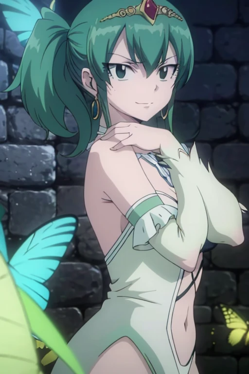 ((masterpiece, best quality)), insaneres, absurdres, solo, looking at viewer,
MainOutfit_Juri_ownwaifu,
1girl, fish girl, green hair, green lips, head fins, ribbon choker, dark skin, dark-skinned female, bandana, long hair, makeup, purple eyes, lipstick, ponytail, collarbone, eyeshadow, hair between eyes, purple choker, medium breasts, bangs, fish tail, aqua hair, eyelashes,
bodysuit, navel cutout, arm warmers, clothing cutout, midriff, bare shoulders, choker, bike shorts, monster girl, leg warmers, navel, off shoulder, cleavage, loose socks, black dress, purple bow, black bodysuit, crop top, wristband, center opening, pink shirt, sash, pink skirt, skin tight,
(from above, sitting)<lora:ANIME_YuYuHakusho_Juri_ownwaifu:0.9>,
depth of field, vanishing point, garden,