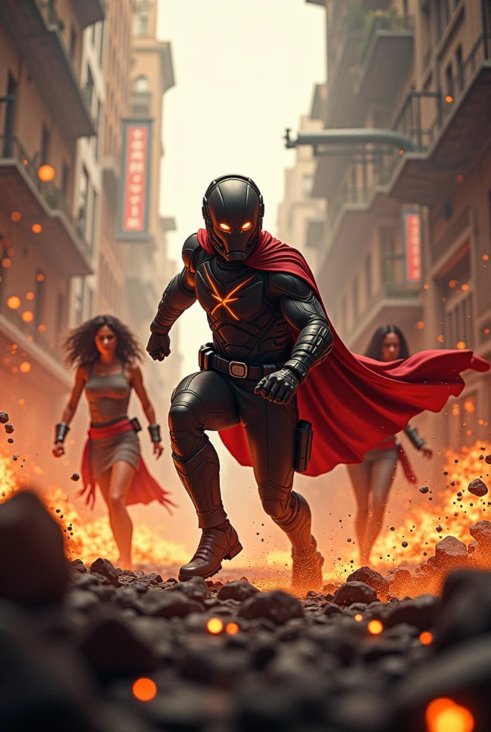 Young Star-lord with red hoodie, headphones, star-lord helmet, gas helmet, covered mouth, round red eyes, Red eyes, magic rings in the hands and rocket boots, Vs. Hulk, Vs. Wonder Woman, Fighting, power, fiction, full body, 3 person, magic lasso, hight, fall, fire in boots, poweful spells, realistic, helmet, mask, red cape, confrontation, punch, gun, flying in the sky, view of the city from above, rain, fighting over the spell book, Black gloves, ocean floor, face cover, free hair, front cover