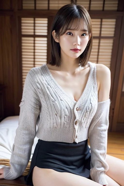 8k,  best quality , live-action,  intricate detail ,  ultra detail , ウルトラ High Resolution ,  depth field,(photo realistic, realistic:1.2),Masterpiece,4K, High Resolution ,  best quality ,  from the side 1 girl , ( very beautiful face ), Japanese , Fine Skin , ( Cinematic Lighting), clavicle,  Soft Writing ,  dynamic poses, [:( detailed face :1.2):], slender,  Pointy Brests ,backlit,  lipstick,  medium haired, full body,  skirt ,  sweater  ,  cross legs,  panties, Panties with lots of frills