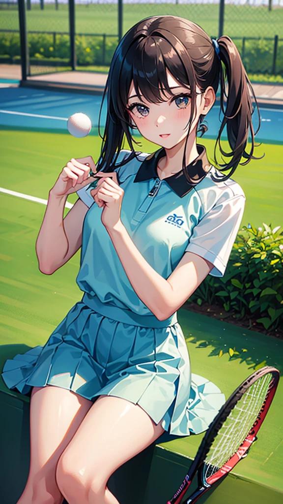 (masterpiece,Highest Quality),(child),(Tennis Wear),(A dark-haired,Medium bob),embarrassed from,Delicate body