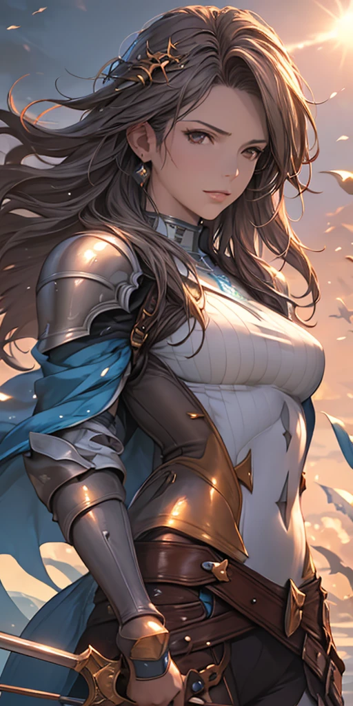 extremely beautiful young lady, subtle makeup, golden hour, photorealistic, high contrast, 8k HD, detailed, hyper-detailed, realistic skin texture, long dark hair, big breast, best quality, ultra high res, raw photo, dramatic lighting, unreal engine, diffuse glow intricate silver (metal armor) , white imperial cape, spear, sword, no helm, action pose, open mouth