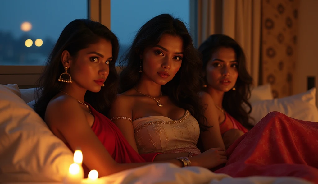 Beautiful perfect face Indian white skin group of aunties 5 to 6 aunties waiting in bedroom on bed with red bedsheets with lusty expression and seductive smiles. All aunties are wearing only black bras and their legs are only covered by red bedsheets . Their boobs are big and plum and they have narrow waist.