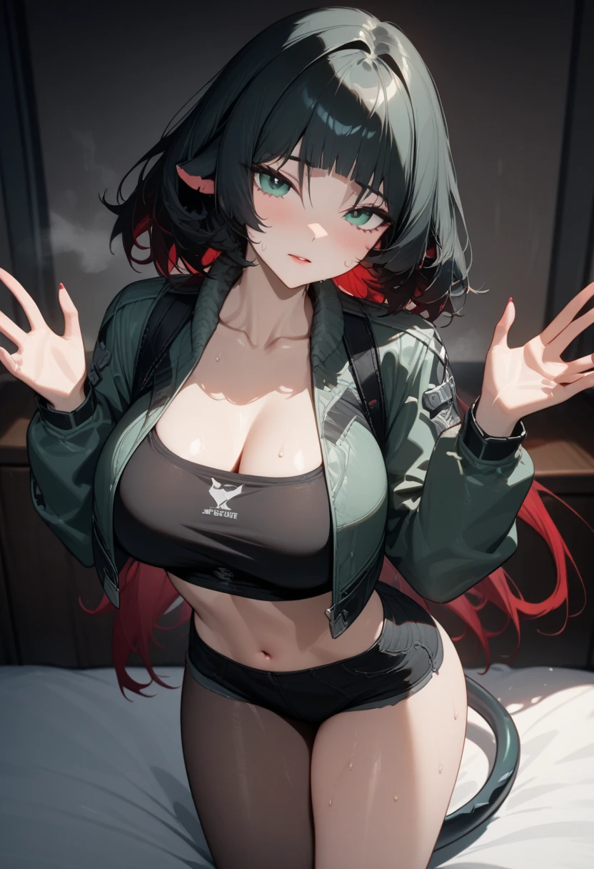 masterpiece,best quality,high resolution,16k,ultra HD,wallpaper,illustration,perfect face,cowboy shot,beautiful detailed eyes,extremely detailed face,perfect lighting,extremely detailed CG,perfect anatomy,perfect body,perfect hands,perfect fingers,1woman,full body,(black kurage motif long hair with half under red color hair),light green eyes,large breasts,Medium ass,,(black tube top with open green jacket),short hot pants,clothed,,collarbone,,looking at viewer,(),Steam,sweat, on the bed,(Zenless Zone Zero character Jane Doe ),adult,(black cyber Rattail from coccyx:1.1),