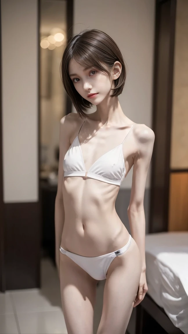 High image quality、 one girl、 perfect face、cute、 thin and slender body with only bones and skin、Malnutrition leads to weakness、 short cut hair 、 white skin、Too thin arms、Too thin legs、Big Eyes、 too thin waist 、Protruding ribs、Protruding collarbone、Flat stomach、Black Bikini、Hotel