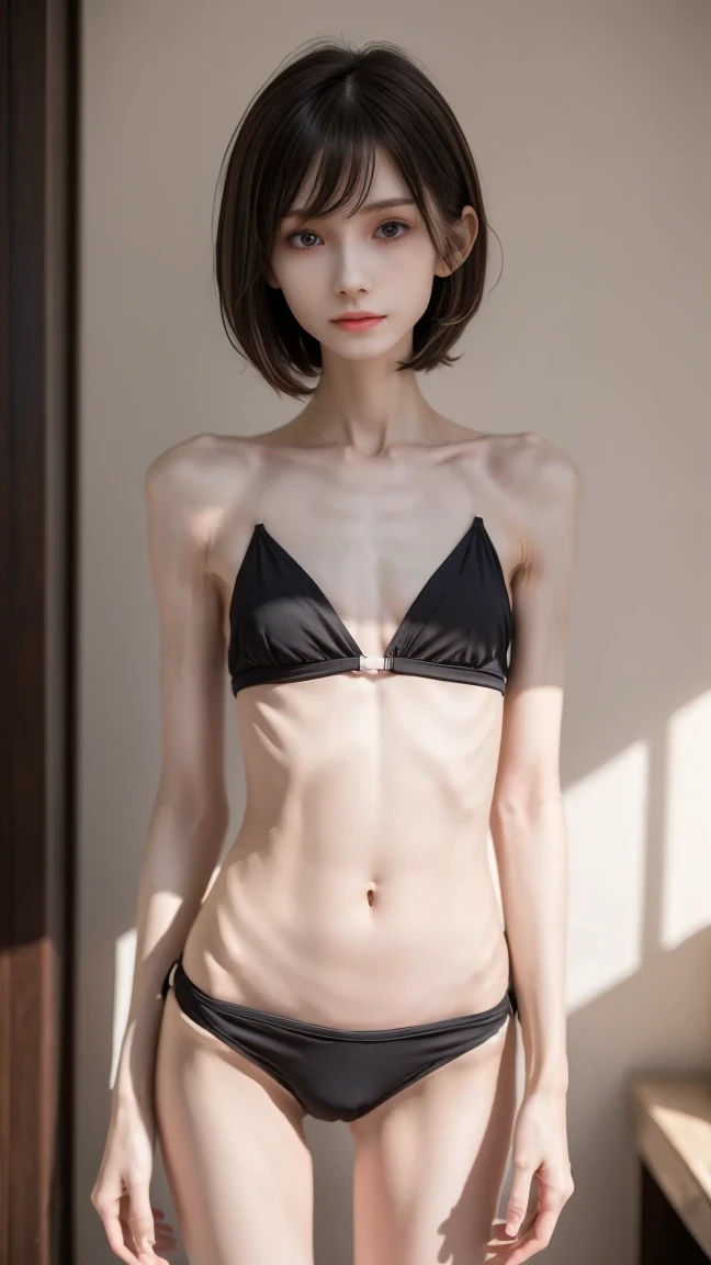 (best quality,highres:1.2),ultra-detailed,realistic,anorexic female model in a black bikini and black shorts posing for a picture, full extremely skinny body, 24 year old female model, photo of anorexic skinny girl, tiny waist, incredibly skinny, skinny waist and skinny hips, photo of anorexic girl model, anorexic dainty figure, close up to a skinny, anorexic girl, extremely skinny body, thin-waist