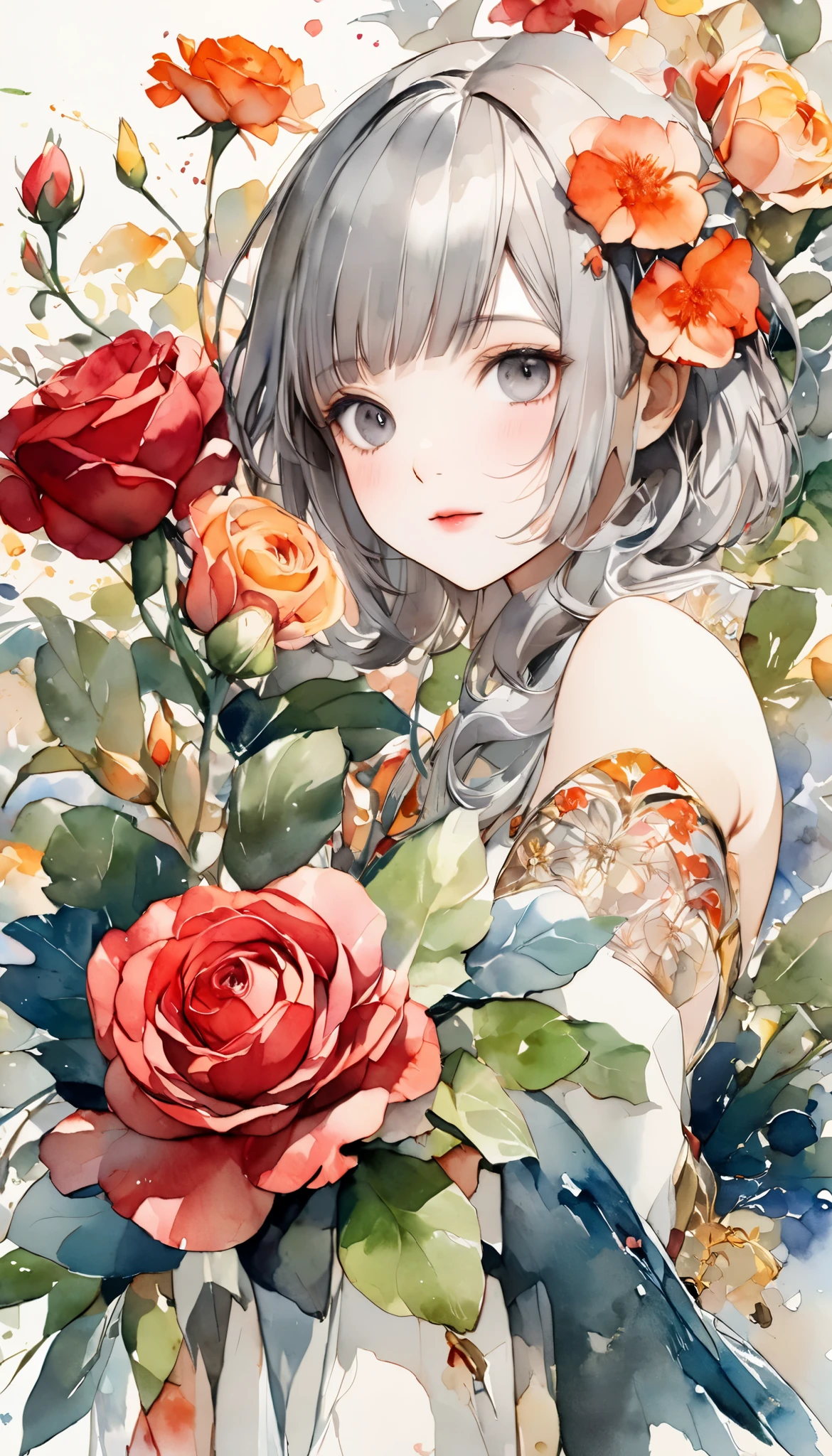 Poster,(watercolor:1.2, 水分の多いwatercolor:1.3, 滲んだwatercolor:1.37),((Art Deco,Botanical Art, Flower Art)),( floral:1.2),Crimson rose flower, (Masterpiece,  best quality ),( bright color, colorful ),(Amazing Details, detailed background), anatomically correct, Accurate drawings,Detail view,  SENSE OF LUXURY,  perfect anatomy,  girl , かわいい girl ,  gray hair,  gray eyes,