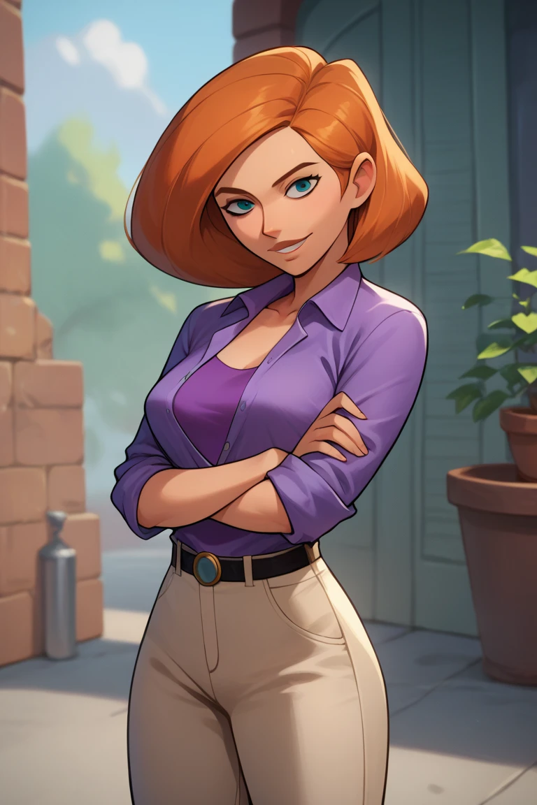 score_9, score_8_up, score_7_up, BREAK, 1girl, solo, breasts,  annpossible, mature female, purple shirt, sleeves rolled up, tan pants, belt, looking at viewer, smile, crossed arms, buttoned shirt