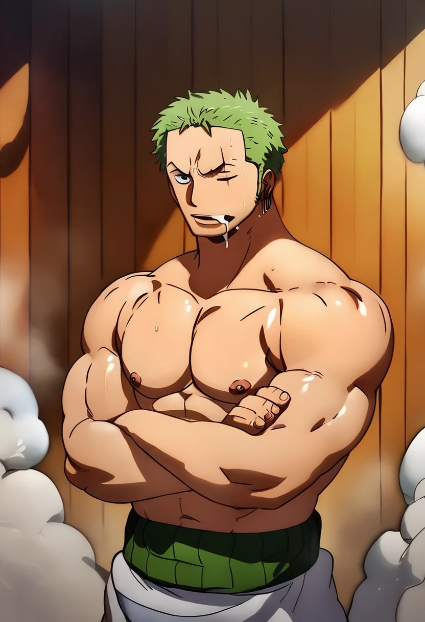 Roronoa Zoro standing in a sauna room, becoming a jock bodybuilder obedient to Coach, shirtless, double biceps pose, muscular, muscles, broad shoulders, massive pecs, sweaty, blank eyes, hypnotized, brainwashed, focused, High Resolution, drooling