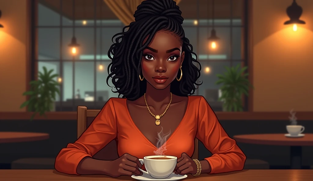 Femme metisse, peau brune, fille de 70 kilogrammes,Cheveux tressés  , Assis dans un restaurant,Fermer, sourire, Atmosphère positive,spaghettis,Cola
