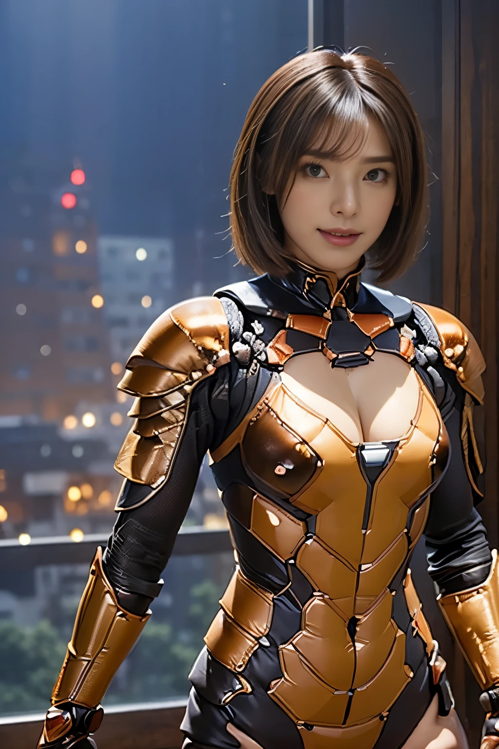 masterpiece、Highest quality、Highly detailed CG、Great details、High resolution、8K Wallpaper、All the intricacies、Super detailed、Super Shining、Oily luster、monster girl、Cockroach and woman fusion、Female cockroach forms、Cockroach woman、Fusion、Acting alone、gal、Perfect female ratio、Wicked Smile、cute、anime face、Antennae of cockroaches、特にOily luster、muscular、Cockroach and exoskeleton suit fusion、Mahogany colored dark skin、Short Hair、bionde、Purple streak hair、crustacean、arthropod、Enemy hideout style background、Background of the evil organization style