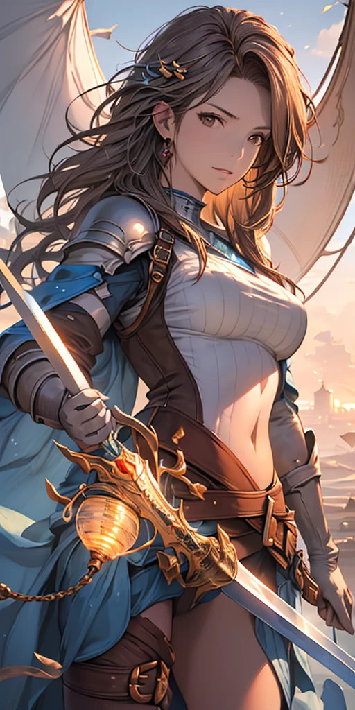 1girl, ((slim)) tall pirate sexywoman, thin waist, 18 years old, ((ornate ((steel)) breastplate armor)), average breasts. (((cleavage))), ((((very long blue skirt)))) with ((((single slit)) on the side)), ((headband)), on a ship, ((gorgeous slim face)), ((Brown hairs)), ((long straight flowing hairs)), sea, detailled face, marterwork, serious eyes, intense detailled eyes