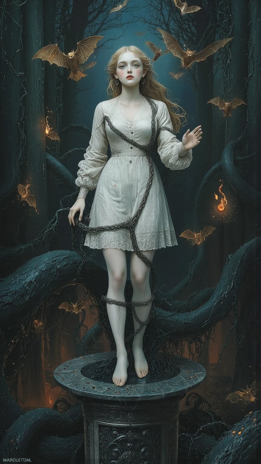 (masterpiece, high quality, high resolution, 4k, 8k, detail), statue of beautiful woman cursed deep in forest, statue of woman floating suspiciously in deep dark forest, white skin of antique ceramic doll, tears of blood, appealing expression and pose reaching for something, standing on pedestal, vines from tree wrapped around legs and lower body and tied to pedestal, dark fantasy, forest of horror, dark eerie forest, dark forest with bats flying around statue, fireballs flying this way and that and tied to pedestal, dark fantasy, forest of terror, dark eerie forest, dark forest with bats flying, fireballs flying this way and that around statue, long shot, horror movie poster,
