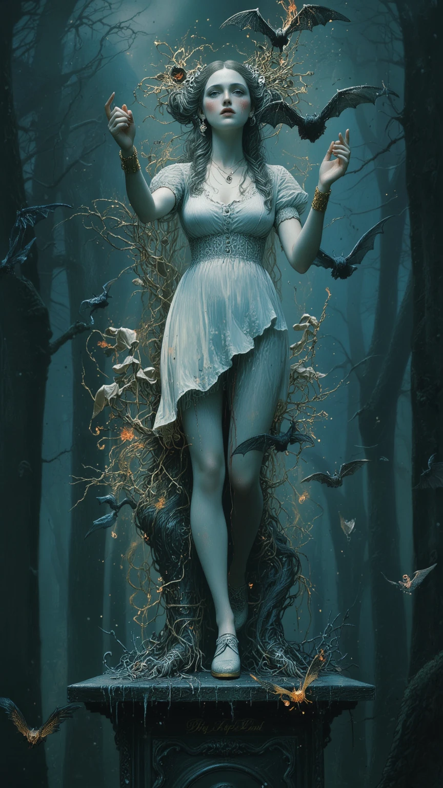 (masterpiece, high quality, high resolution, 4k, 8k, detail), statue of beautiful woman cursed deep in forest, statue of woman floating suspiciously in deep dark forest, white skin of antique ceramic doll, tears of blood, appealing expression and pose reaching for something, standing on pedestal, vines from tree wrapped around legs and lower body and tied to pedestal, dark fantasy, forest of horror, dark eerie forest, dark forest with bats flying around statue, fireballs flying this way and that and tied to pedestal, dark fantasy, forest of terror, dark eerie forest, dark forest with bats flying, fireballs flying this way and that around statue, long shot, horror movie poster,
