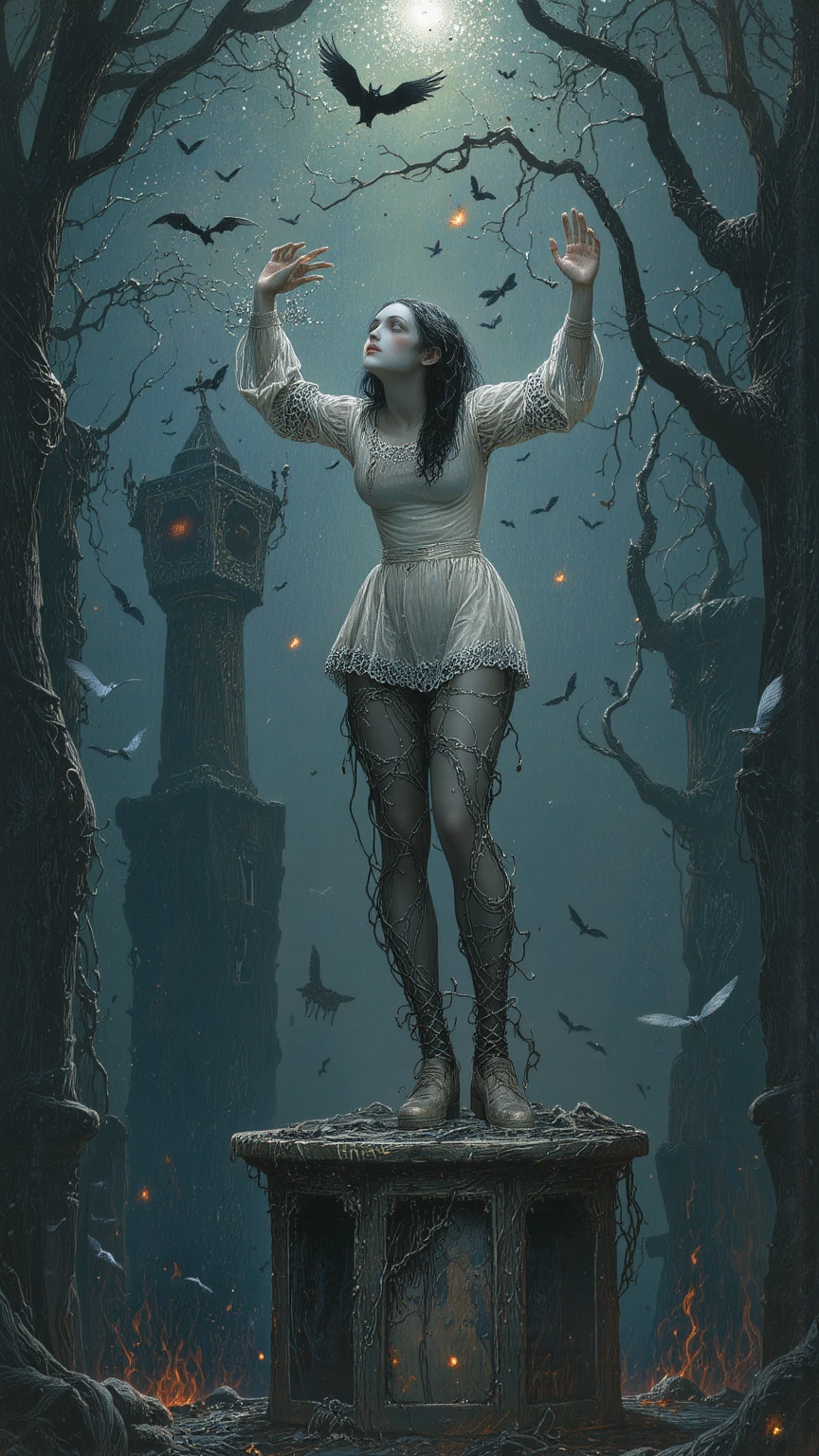 (masterpiece, high quality, high resolution, 4k, 8k, detail), statue of beautiful woman cursed deep in forest, statue of woman floating suspiciously in deep dark forest, white skin of antique ceramic doll, tears of blood, appealing expression and pose reaching for something, standing on pedestal, vines from tree wrapped around legs and lower body and tied to pedestal, dark fantasy, forest of horror, dark eerie forest, dark forest with bats flying around statue, fireballs flying this way and that and tied to pedestal, dark fantasy, forest of terror, dark eerie forest, dark forest with bats flying, fireballs flying this way and that around statue, long shot, horror movie poster,
