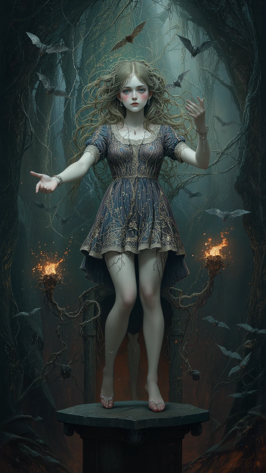 (masterpiece, high quality, high resolution, 4k, 8k, detail), statue of beautiful woman cursed deep in forest, statue of woman floating suspiciously in deep dark forest, white skin of antique ceramic doll, tears of blood, appealing expression and pose reaching for something, standing on pedestal, vines from tree wrapped around legs and lower body and tied to pedestal, dark fantasy, forest of horror, dark eerie forest, dark forest with bats flying around statue, fireballs flying this way and that and tied to pedestal, dark fantasy, forest of terror, dark eerie forest, dark forest with bats flying, fireballs flying this way and that around statue, long shot, horror movie poster,
